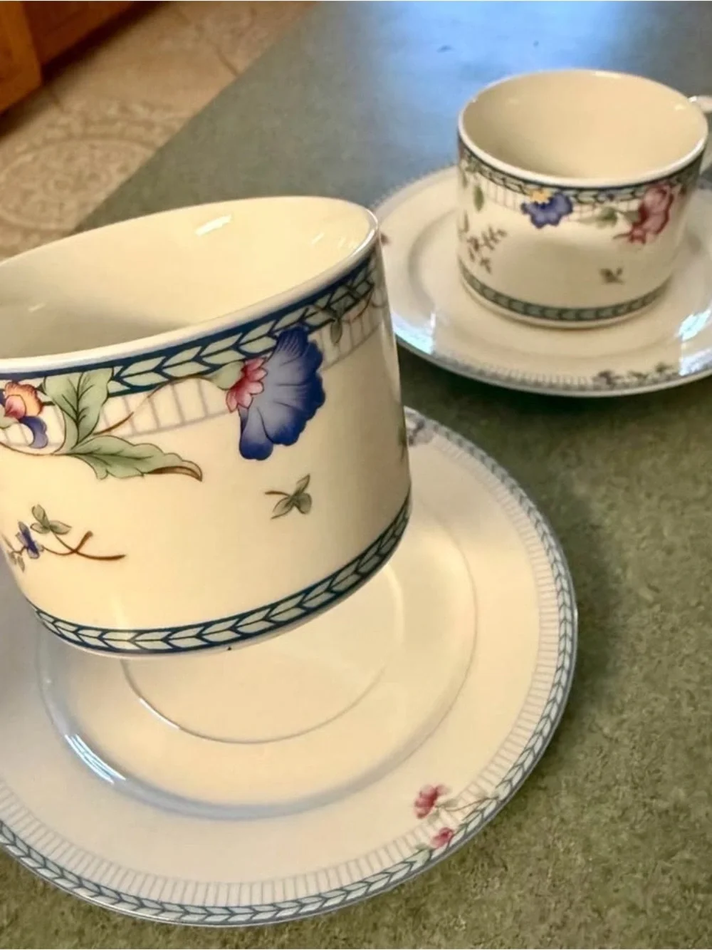 Oneida Fine Porcelain BLUE LATTICE Pattern Coffee Cup & Saucer Set (set of 2)